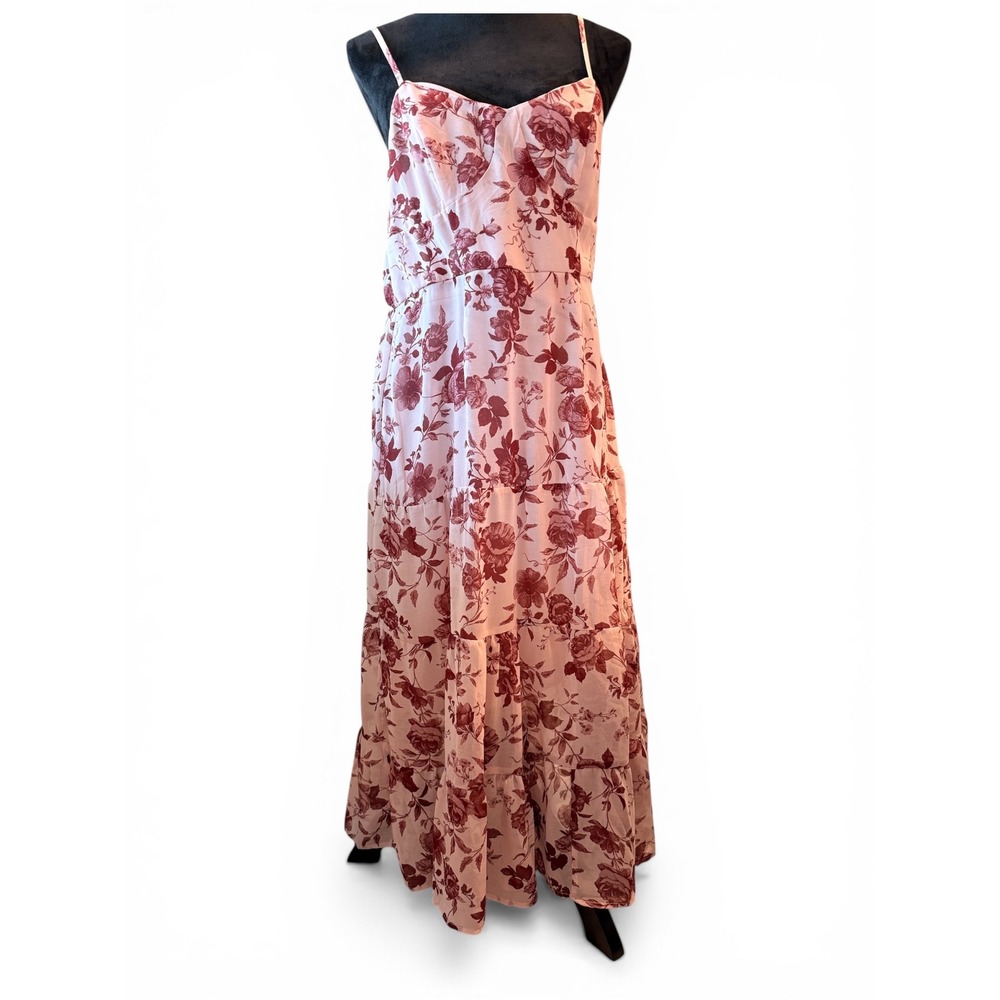 Trixxi Los Angeles Womens XL Floral Tiered Maxi Dress Pink Burgundy V-Neck Boho
